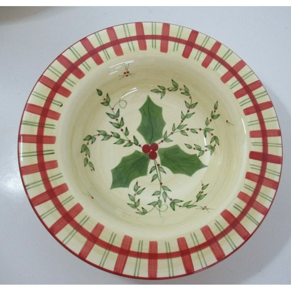 Los Angeles Pottery Laurie Gates design 2 soup bowls holly berries plaid‎ Xmas